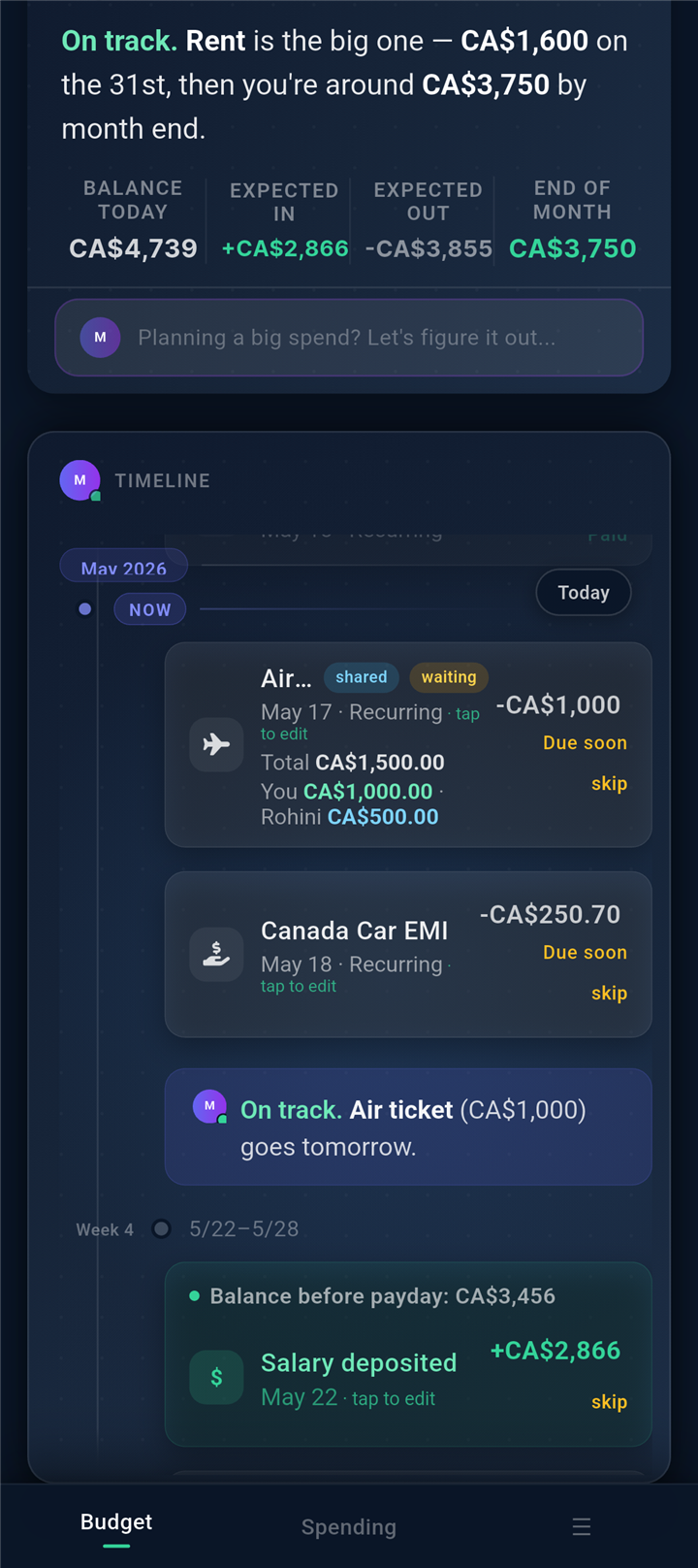 Sender's timeline showing the shared bill in CA$