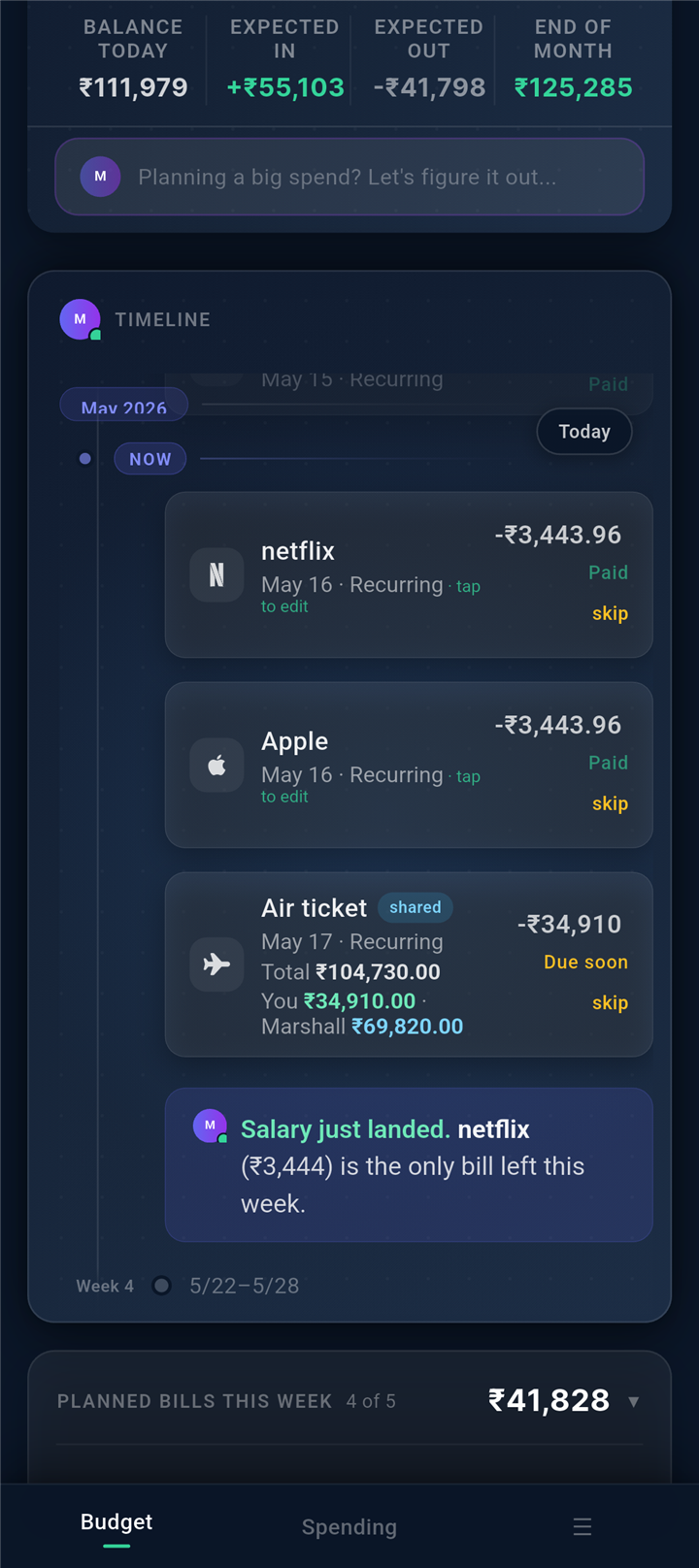 The bill lands on the receiver's timeline, their ₹ share only